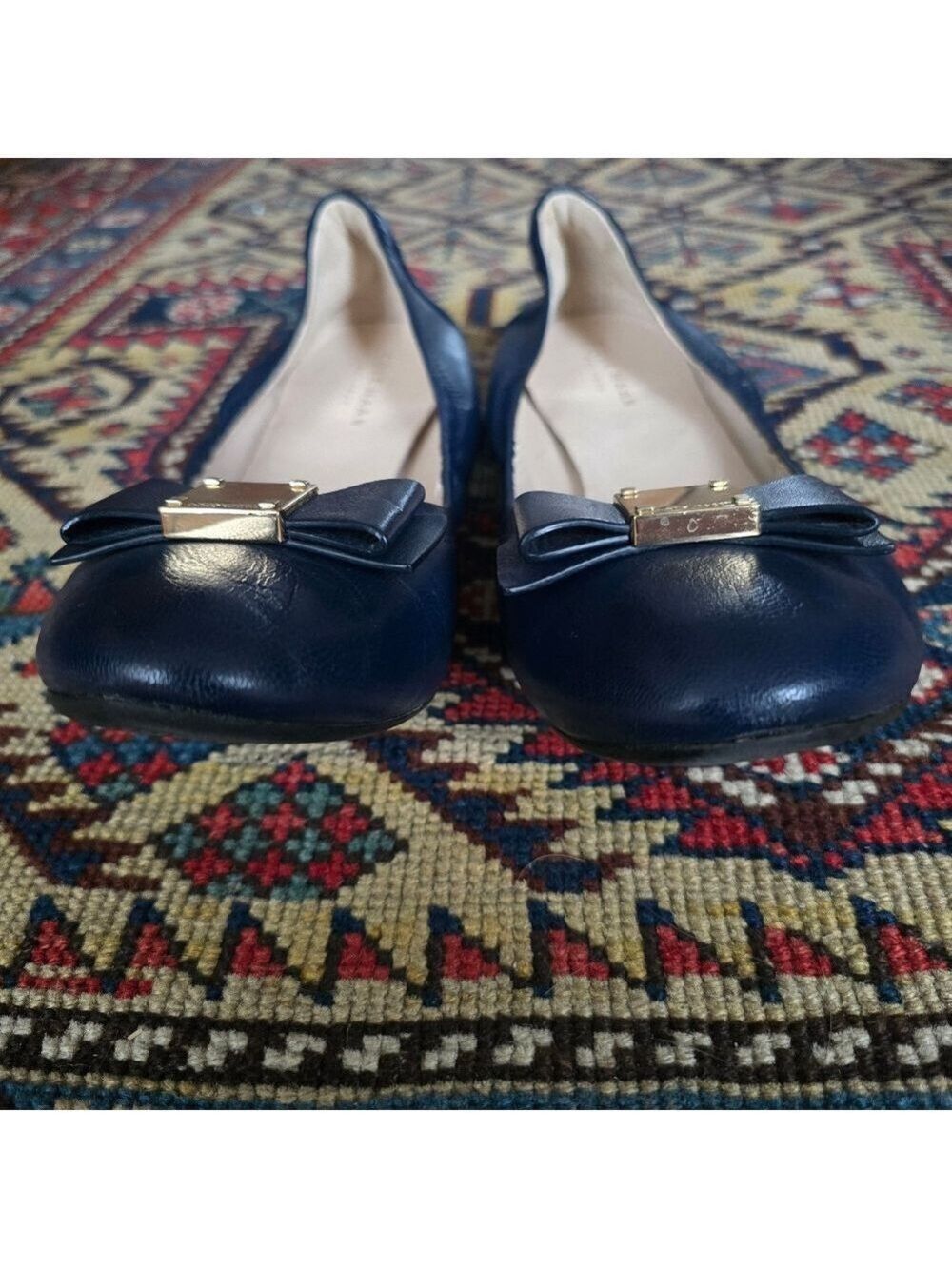 Cole Haan Emory Navy Leather Bow Gold Logo Ballet Flats - Picture 10 of 14